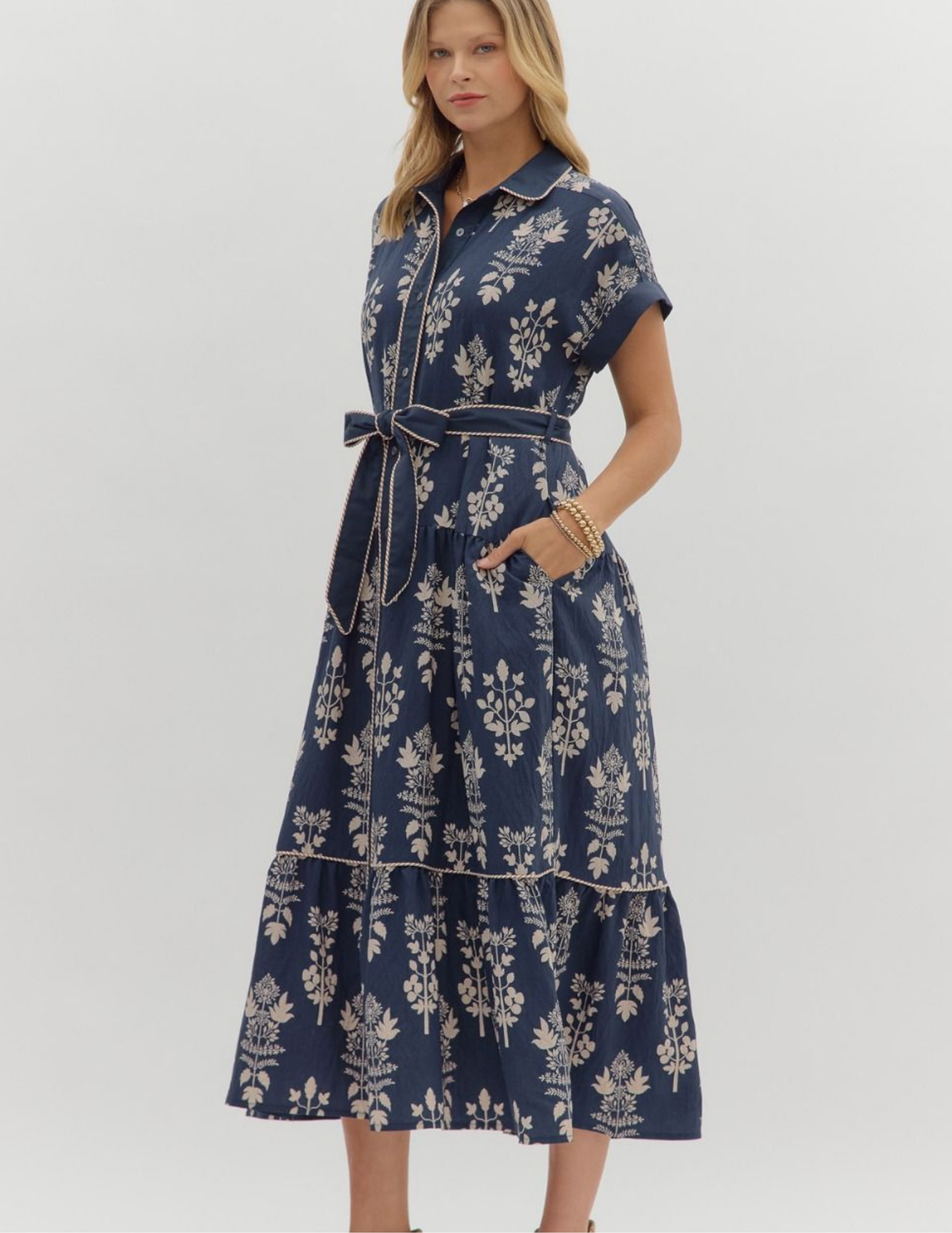 Botanical Midi Dress- Navy - Tres Chic Boutique