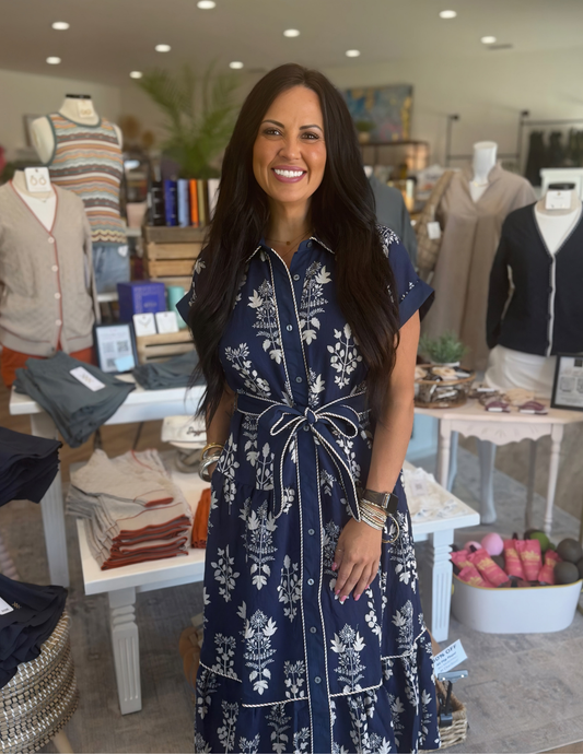 Botanical Midi Dress- Navy - Tres Chic Boutique