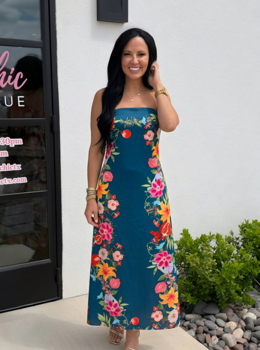 Botanical Print Strapless Maxi Dress