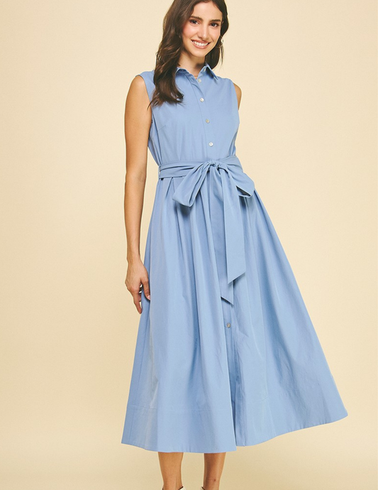 Button Down Flared Dress- Light Blue