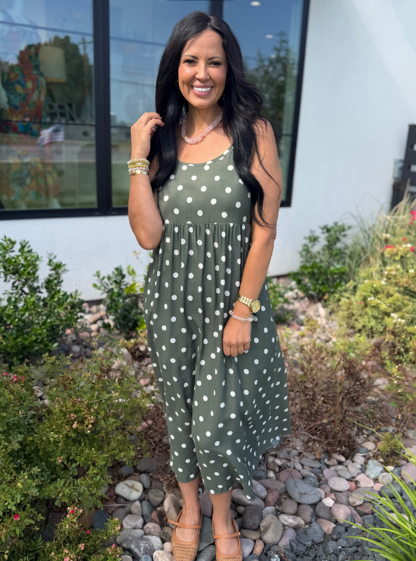 Cap Sleeve Layered Polka Dot Midi Dress Set- Camel