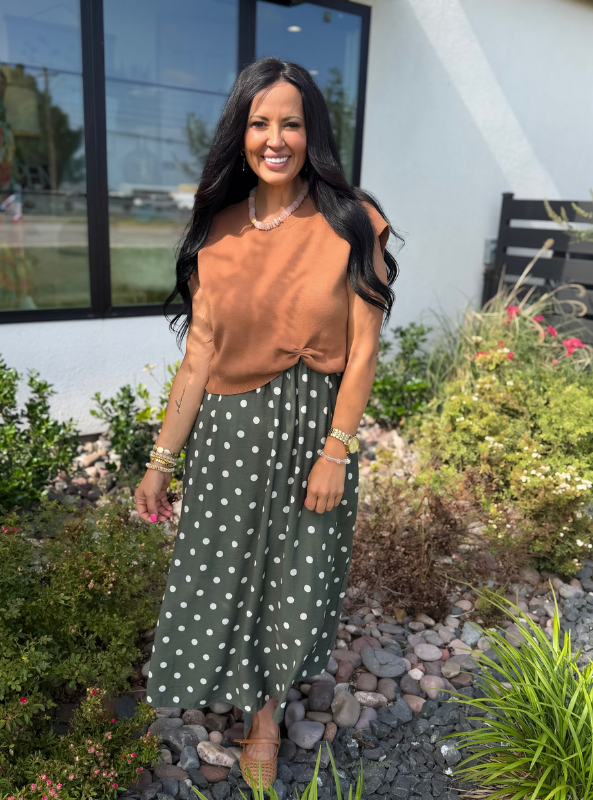 Cap Sleeve Layered Polka Dot Midi Dress Set- Camel