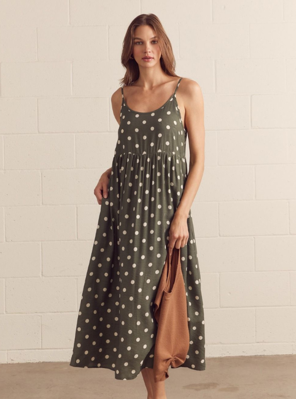 Cap Sleeve Layered Polka Dot Midi Dress Set- Camel