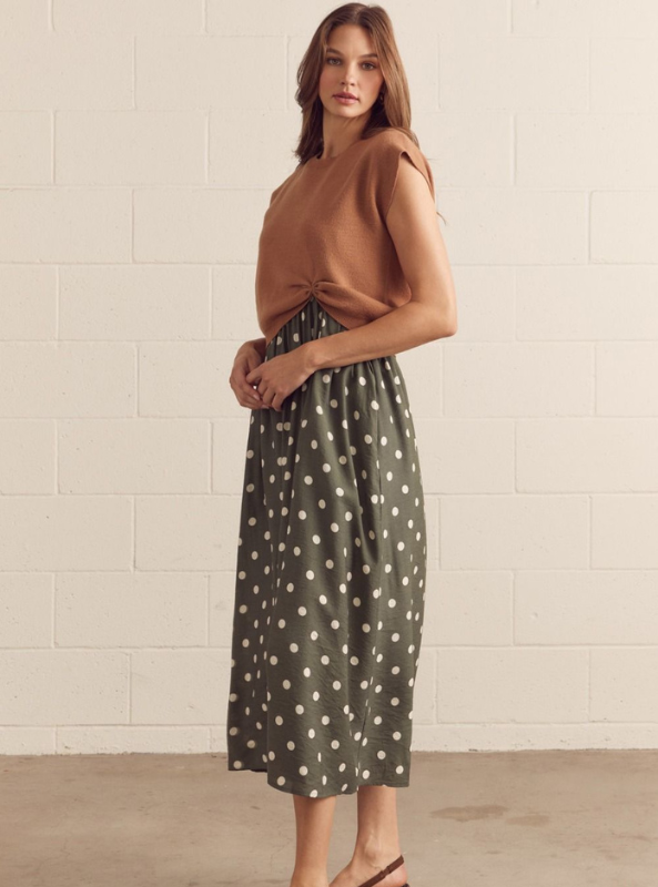 Cap Sleeve Layered Polka Dot Midi Dress Set- Camel