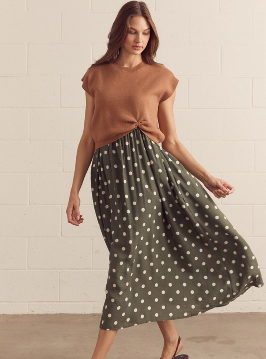 Cap Sleeve Layered Polka Dot Midi Dress Set- Camel