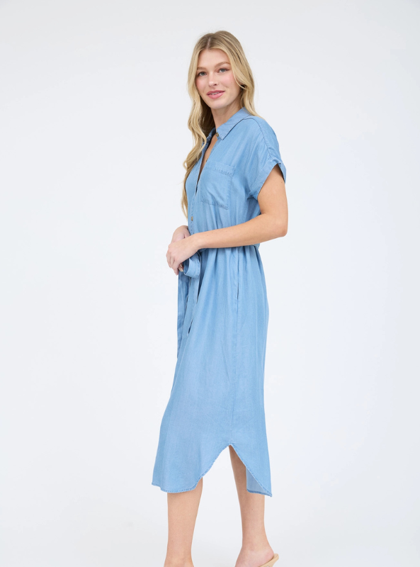 Chambray Belted Button Down Midi Shirt Dress - Tres Chic Boutique