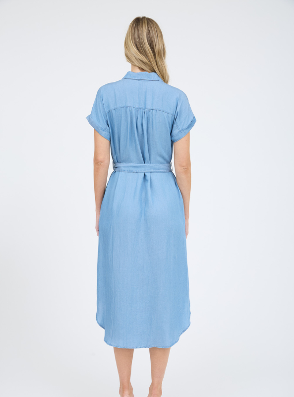 Chambray Belted Button Down Midi Shirt Dress - Tres Chic Boutique