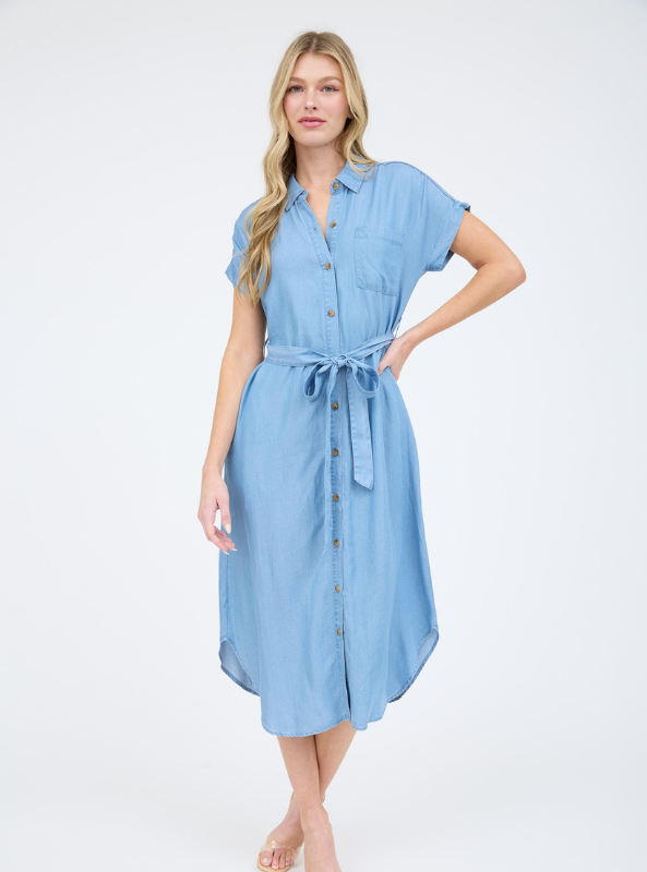 Chambray Belted Button Down Midi Shirt Dress - Tres Chic Boutique