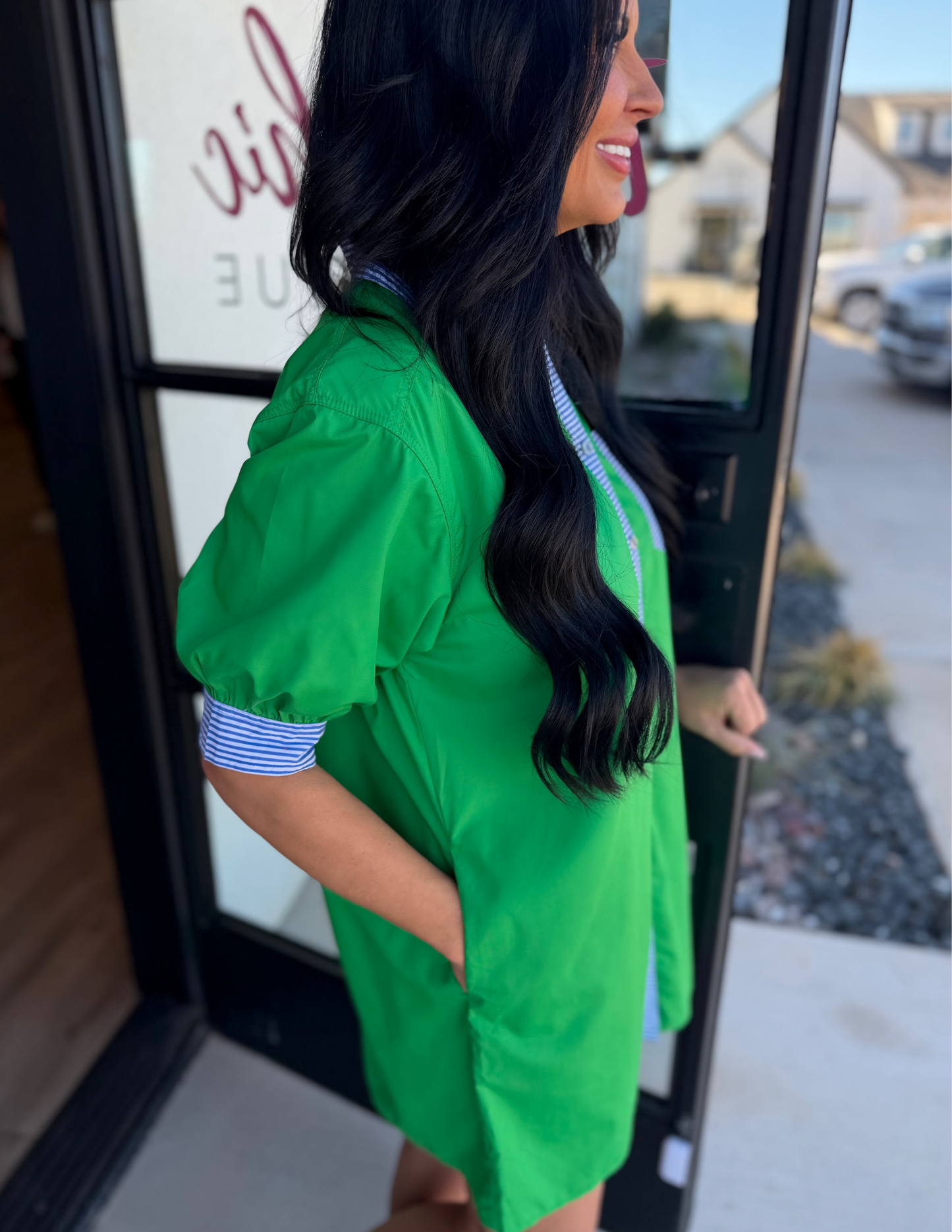 Collared Mini Dress with Stripe Details- Green