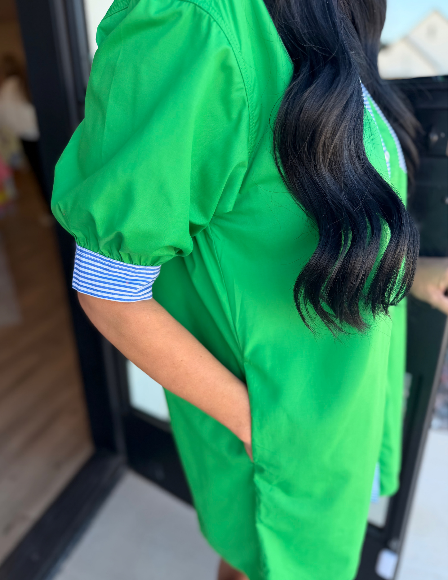 Collared Mini Dress with Stripe Details- Green