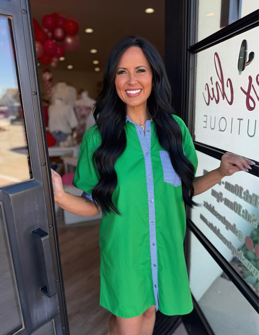Collared Mini Dress with Stripe Details- Green