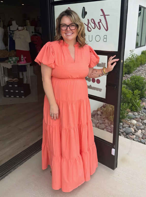 Coral Bubble Sleeve Tiered Midi Dress