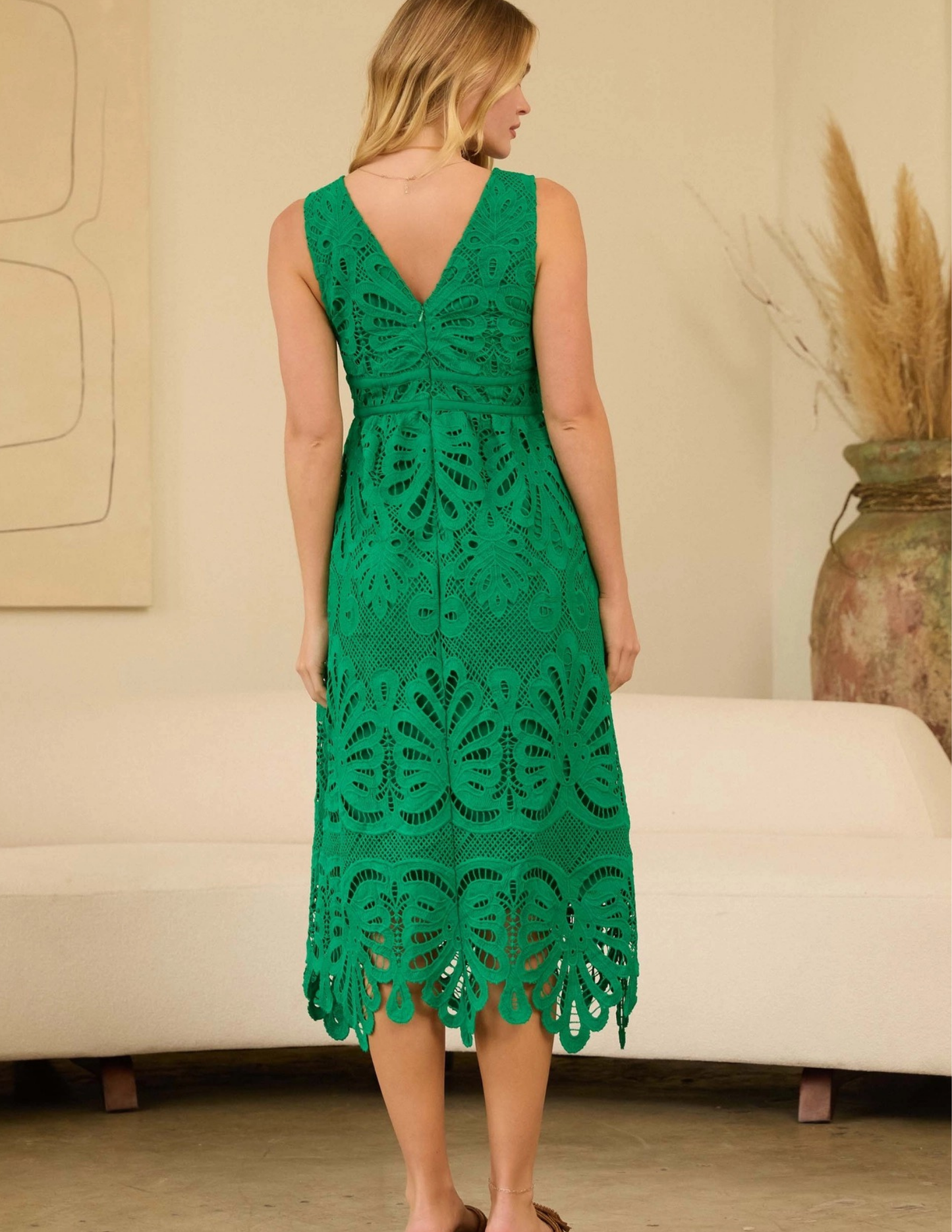 Embroidered Lace V-Neck Midi Dress- Kelly Green