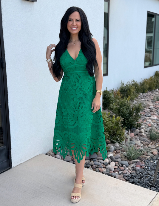 Embroidered Lace V-Neck Midi Dress- Kelly Green