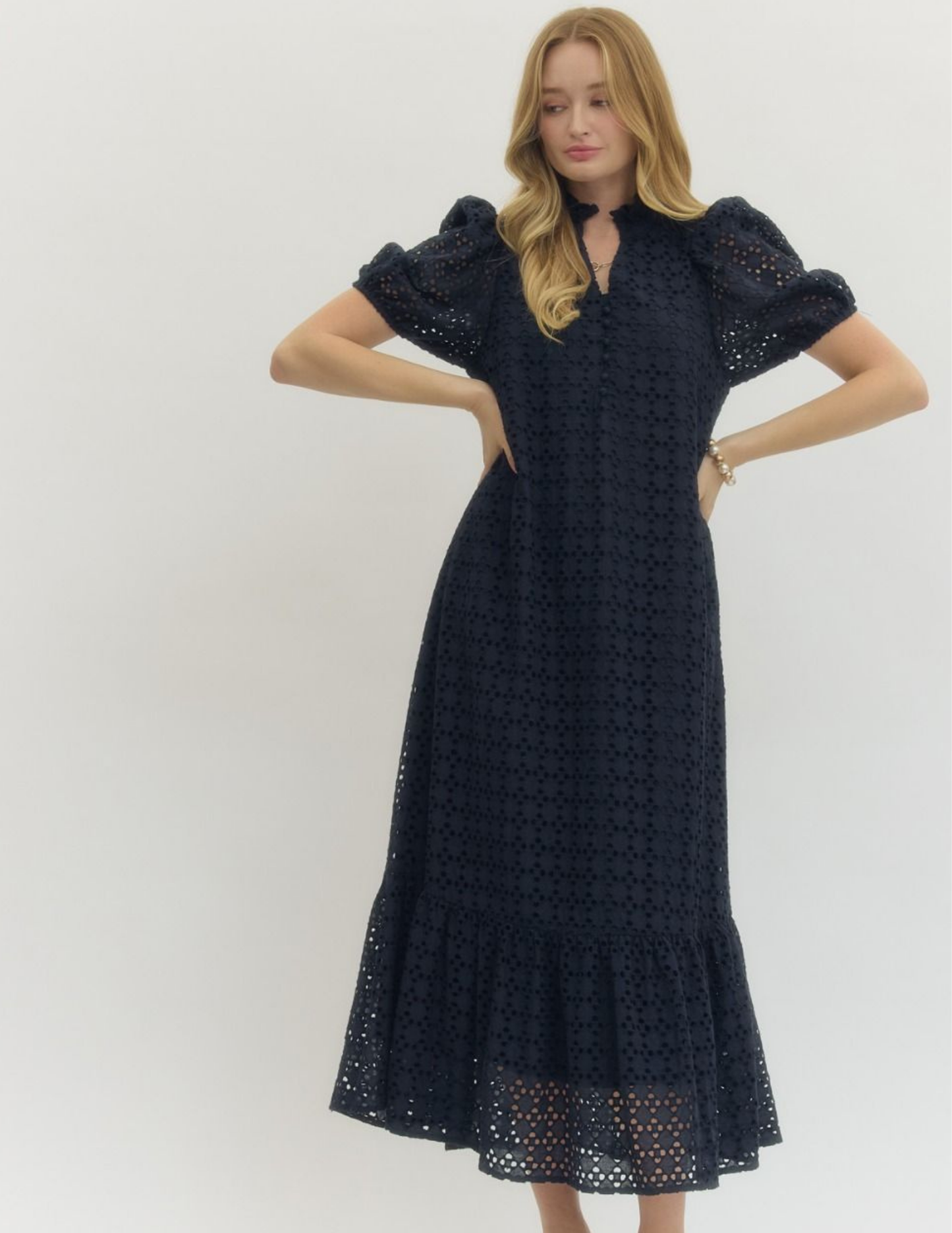 Eyelet Midi Dress- Navy