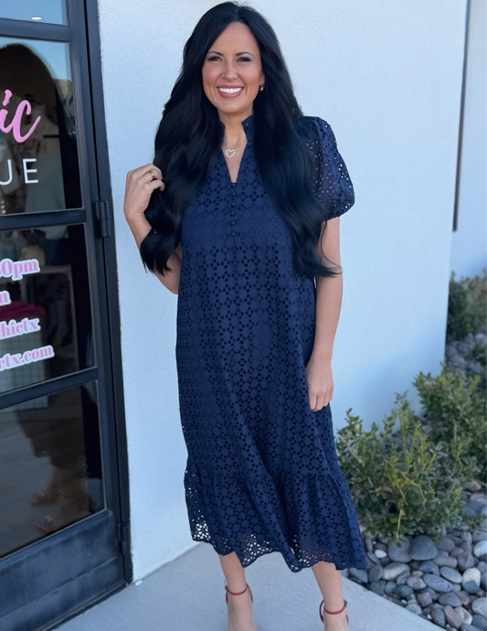 Eyelet Midi Dress- Navy