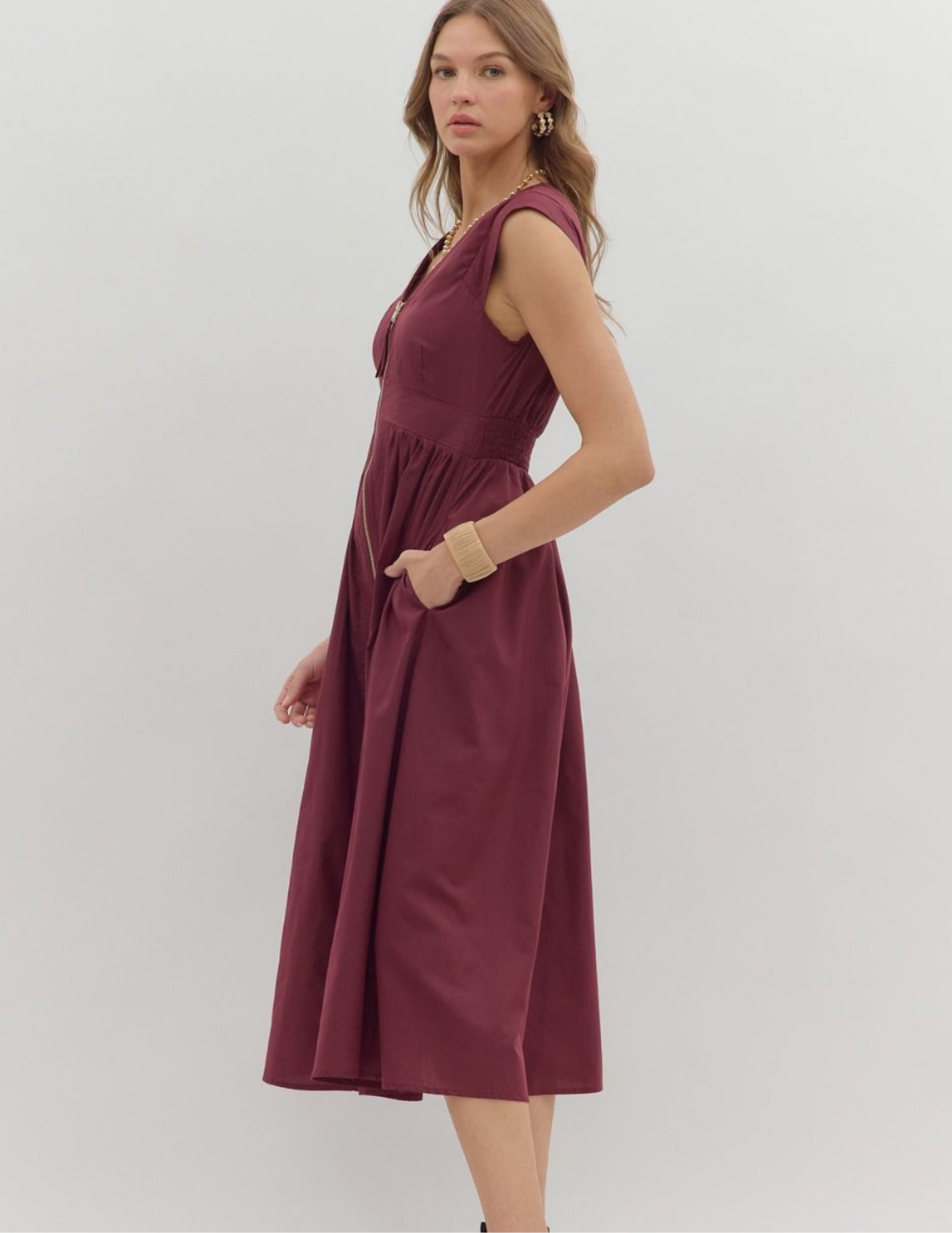 Fall Front Zip Midi Dress- Wine - Tres Chic Boutique