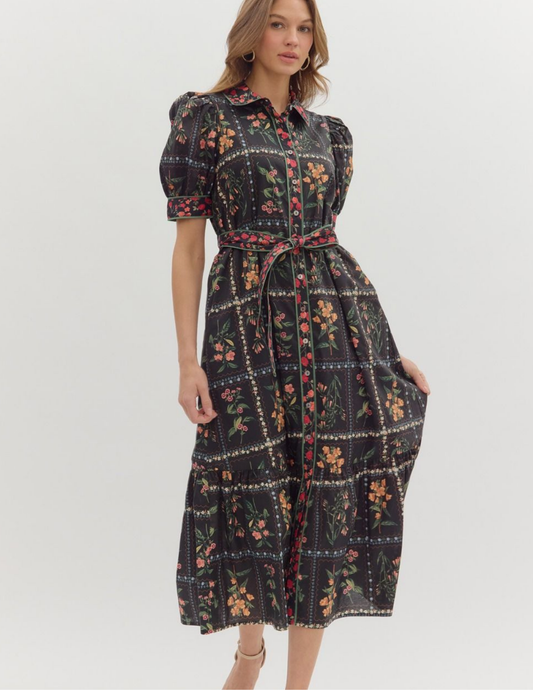 Fall In Love Floral Midi Dress- Black