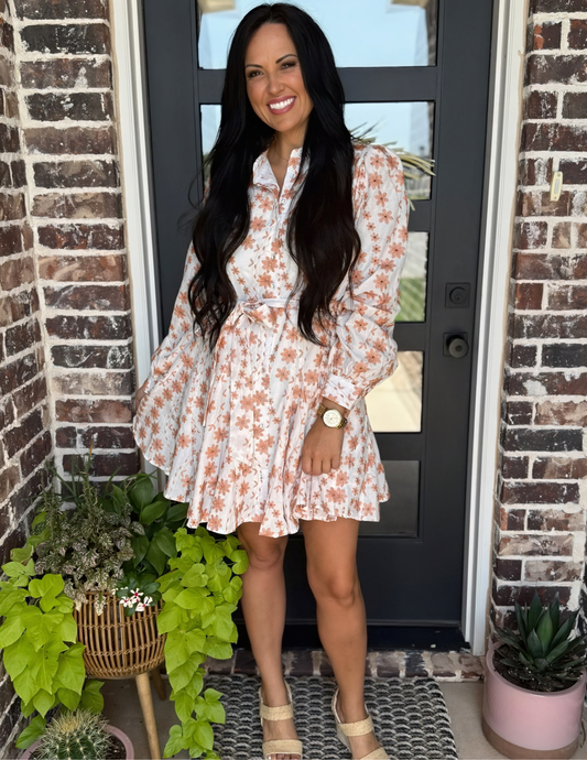 Floral Embroidery Button Down Flared Mini Dress - Tres Chic Boutique