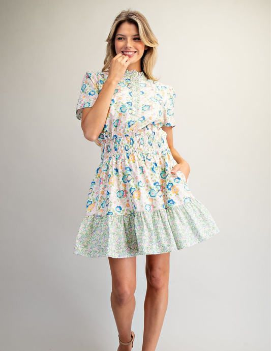Floral Pattern Smocked Waist Mini Dress