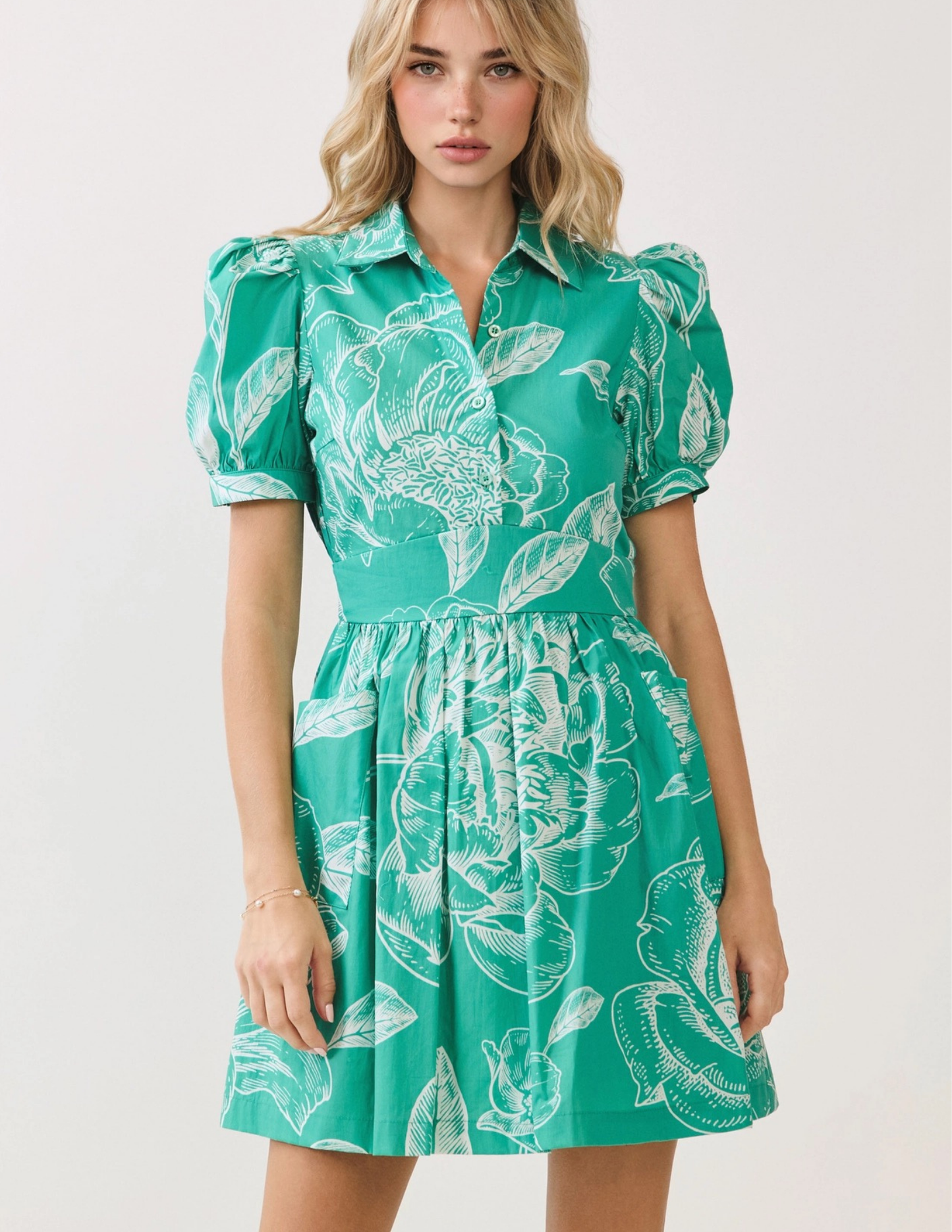 Floral Print Collared Spring Dress- Green