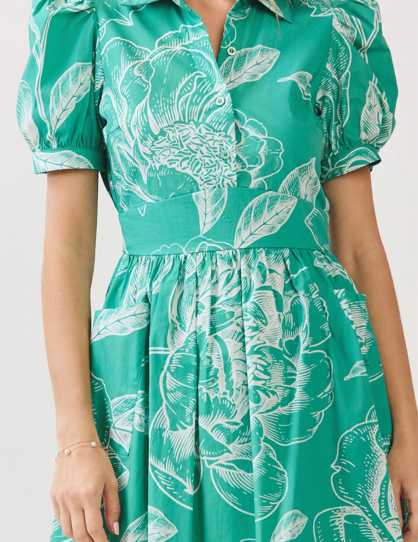 Floral Print Collared Spring Dress- Green