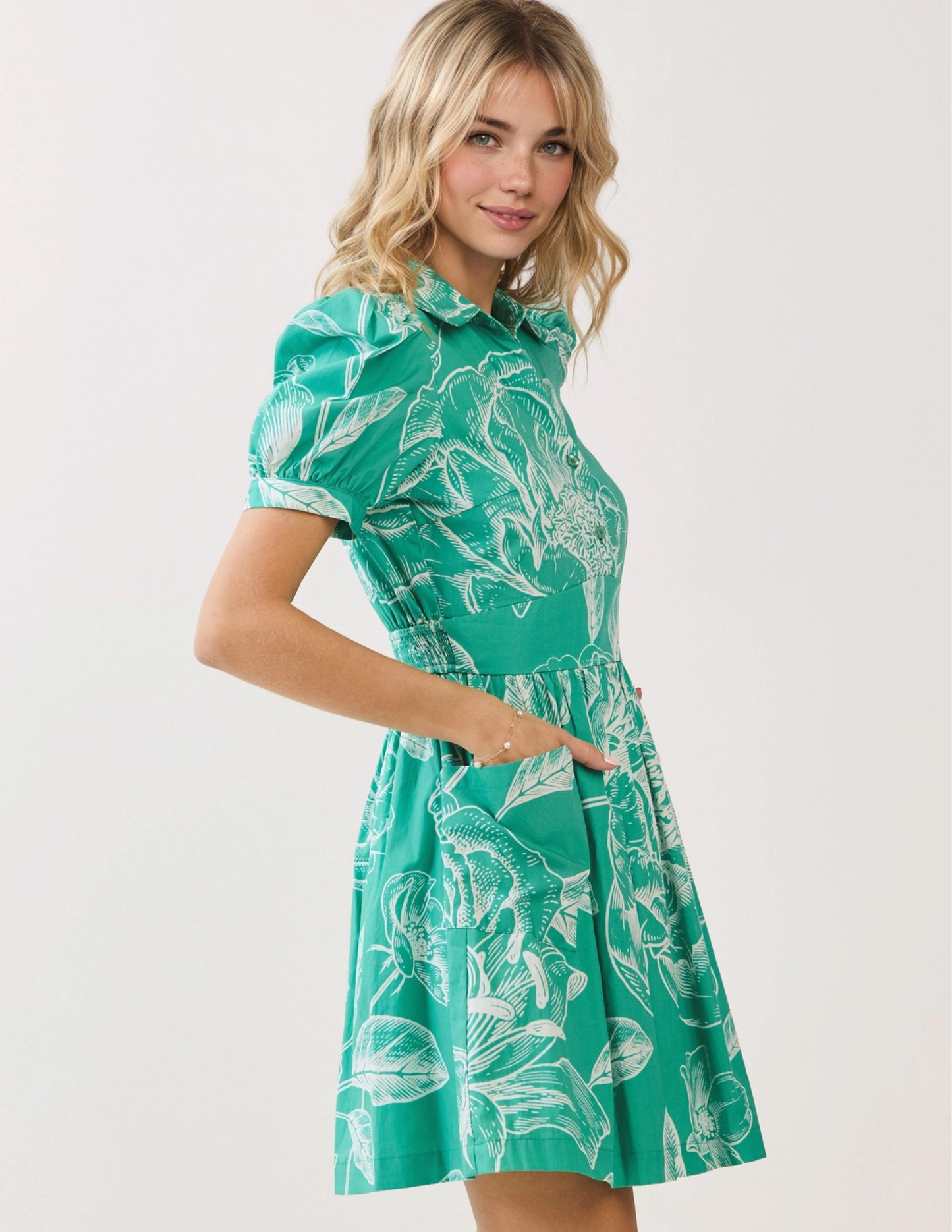 Floral Print Collared Spring Dress- Green