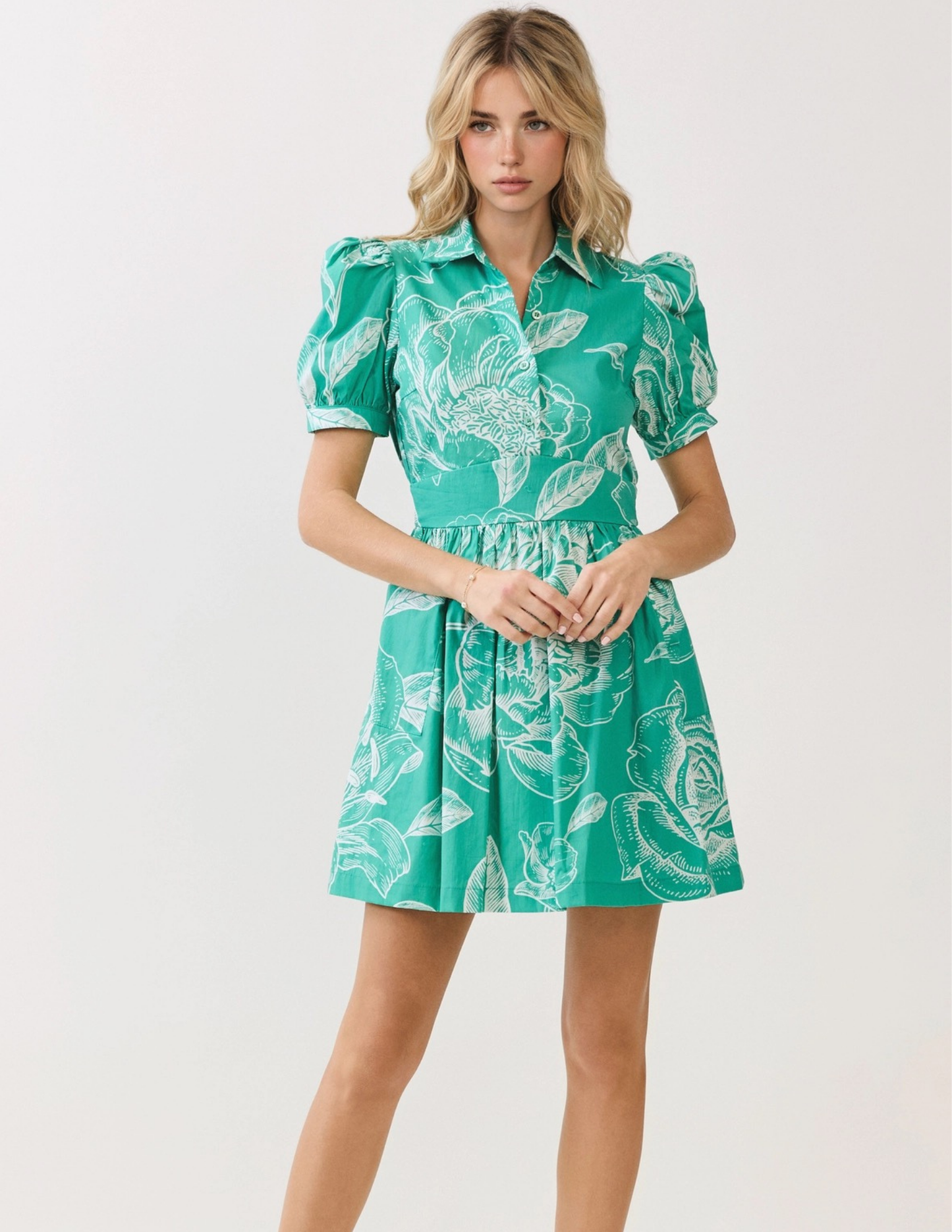 Floral Print Collared Spring Dress- Green