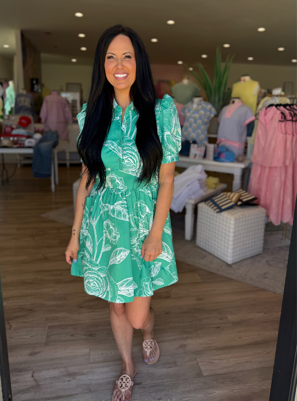 Floral Print Collared Spring Dress- Green