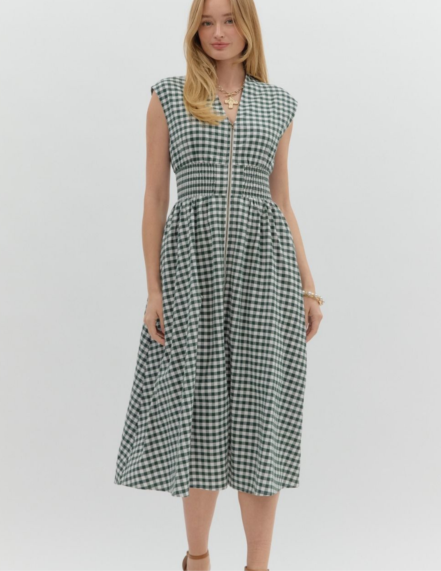 Gingham VNeck Midi Dress- Forest - Tres Chic Boutique