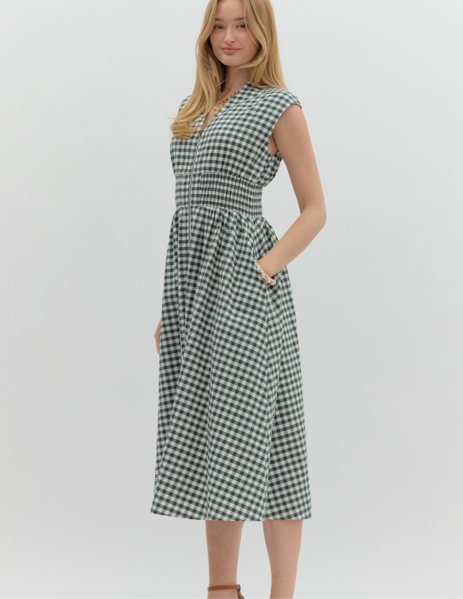Gingham VNeck Midi Dress- Forest - Tres Chic Boutique