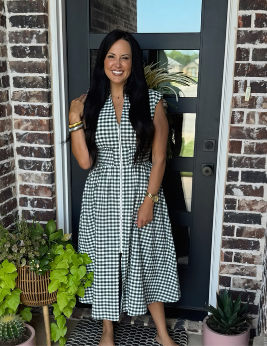 Gingham VNeck Midi Dress- Forest - Tres Chic Boutique