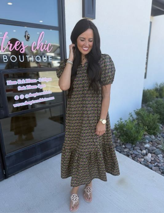 Iris Print Midi Dress- Black