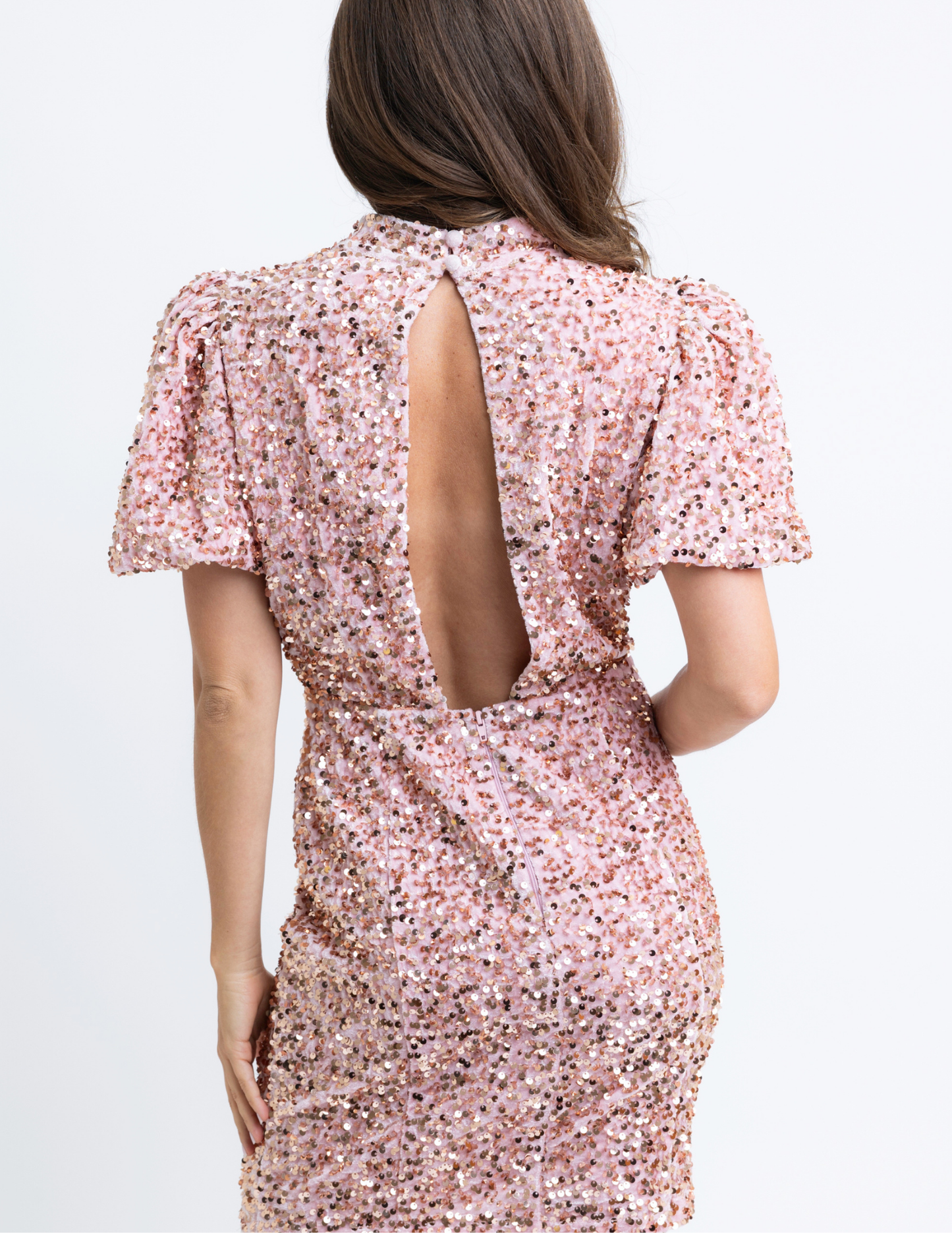 Karlie- Rose Pink Sequin Open Back Dress