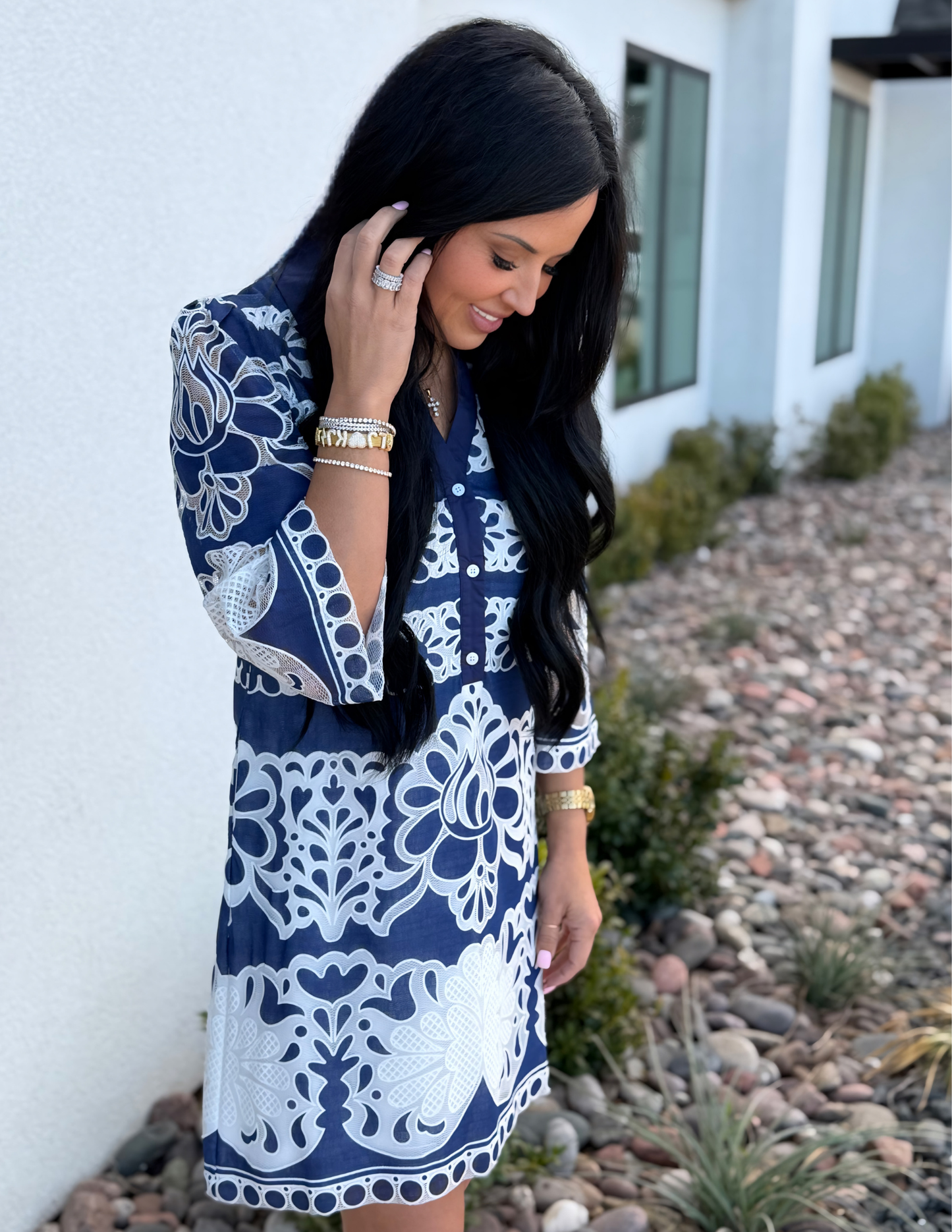 Lace Embroidered Mini Dress- Deep Cobalt