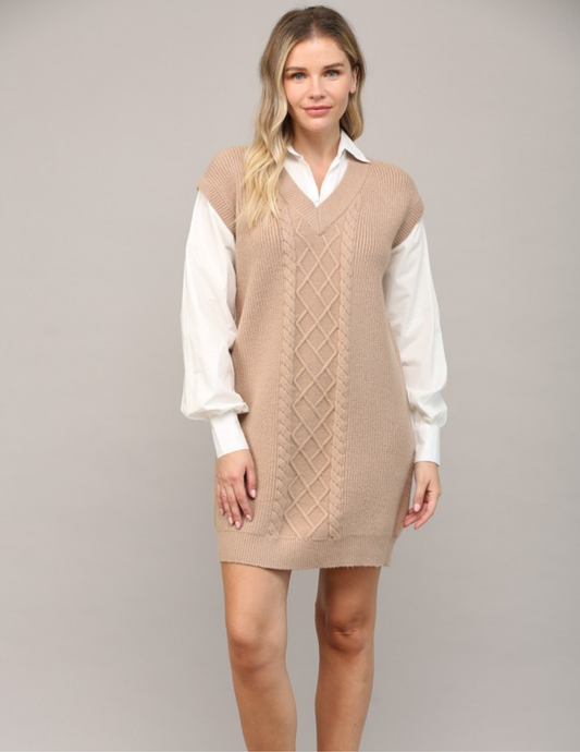 Latte & White Cable Knit Shirt Dress - Tres Chic Boutique