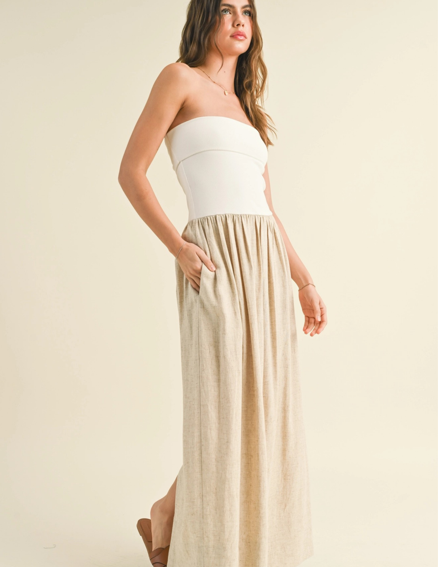 Ribbed Knitted and Linen Combo Dress