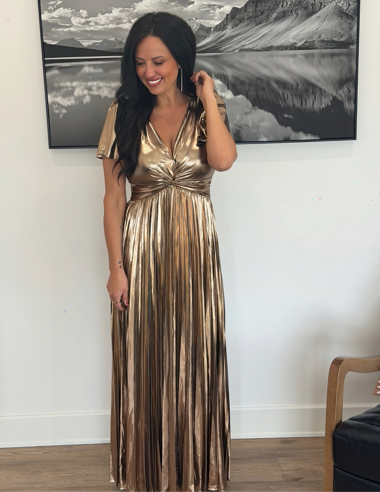 Metallic Twist Front Pleated Maxi Dress- Bronze