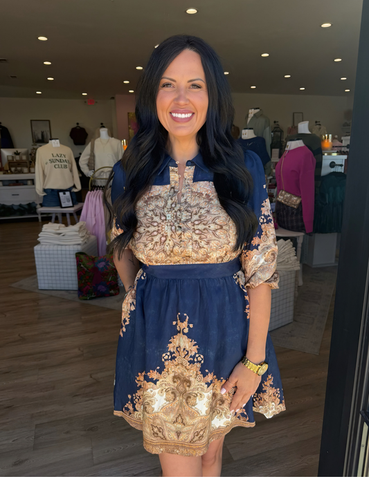 Navy Print Mini Dress