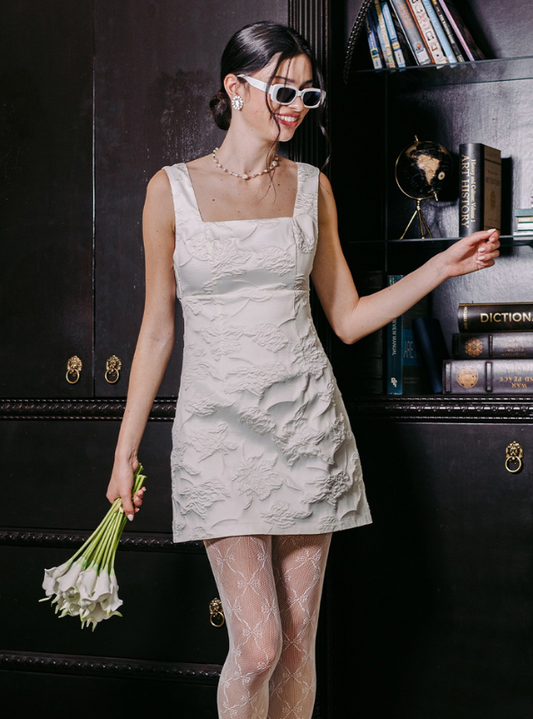 Off White Jacquard Mini Dress - Tres Chic Boutique