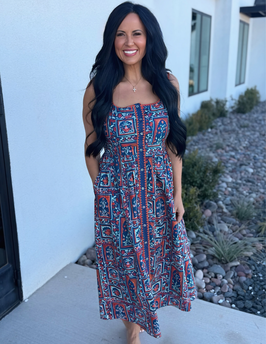 Patterned Midi Dress- Navy