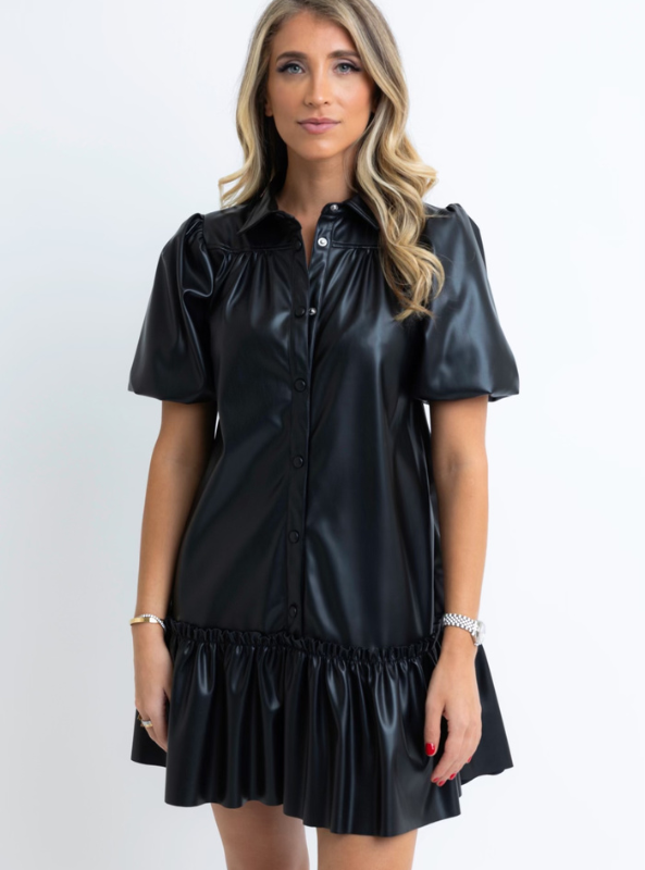 Pleather Puff Sleeve Dress- Black - Tres Chic Boutique