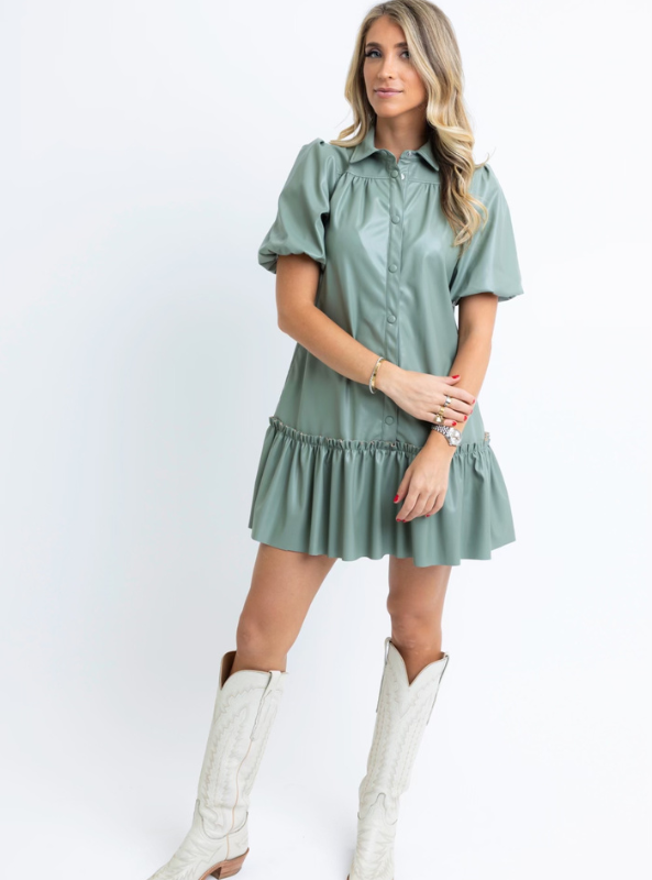 Pleather Puff Sleeve Dress- Sage - Tres Chic Boutique