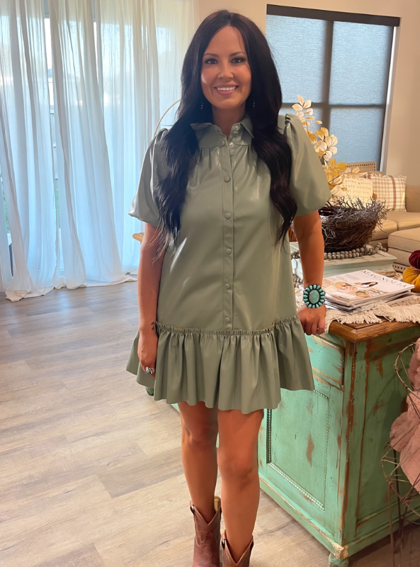 Pleather Puff Sleeve Dress- Sage - Tres Chic Boutique