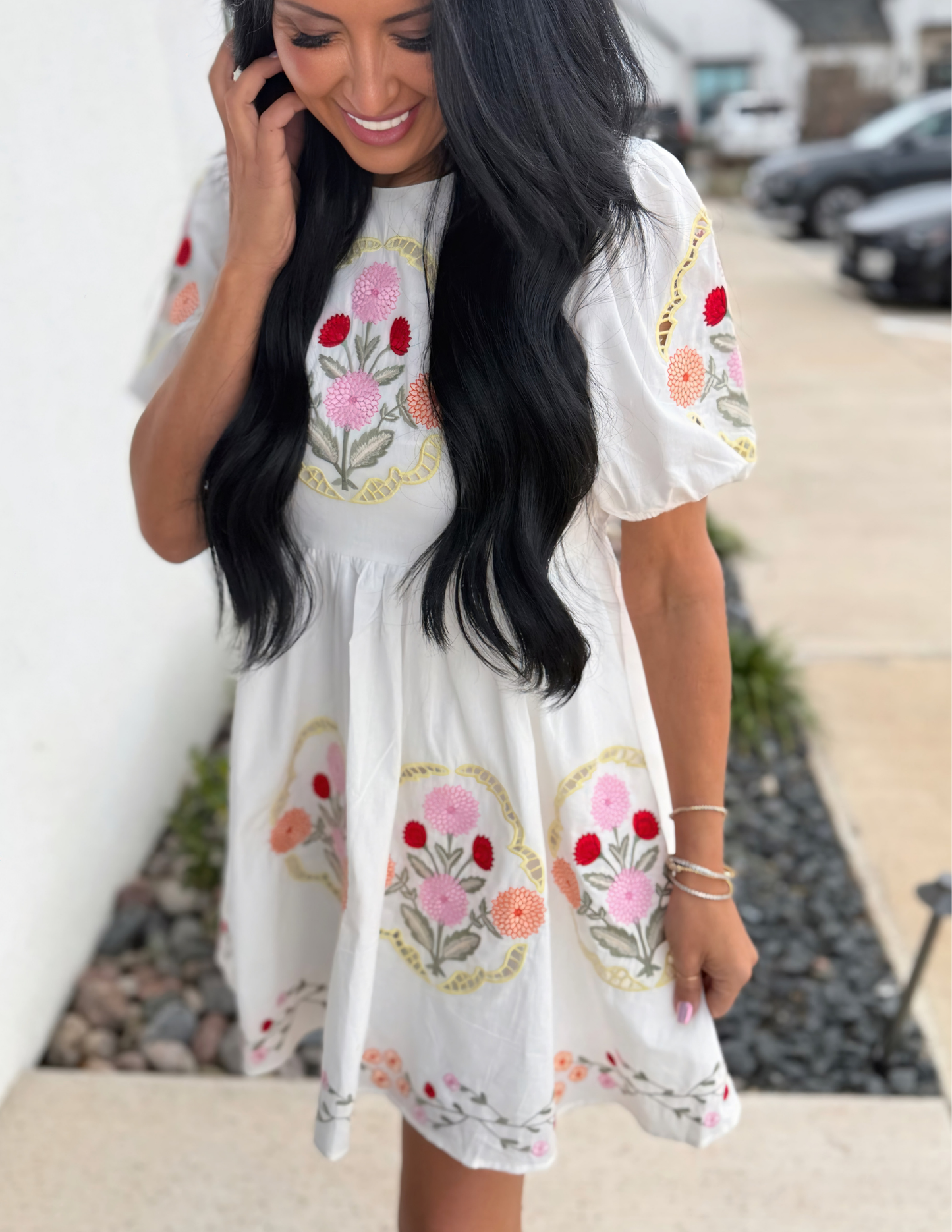 Puff Sleeve Embroidered Mini Dress