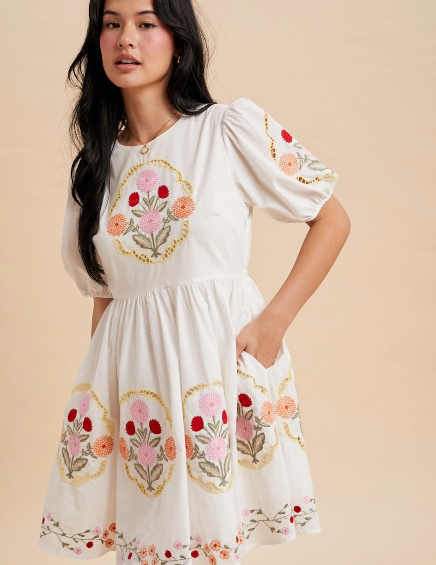Puff Sleeve Embroidered Mini Dress