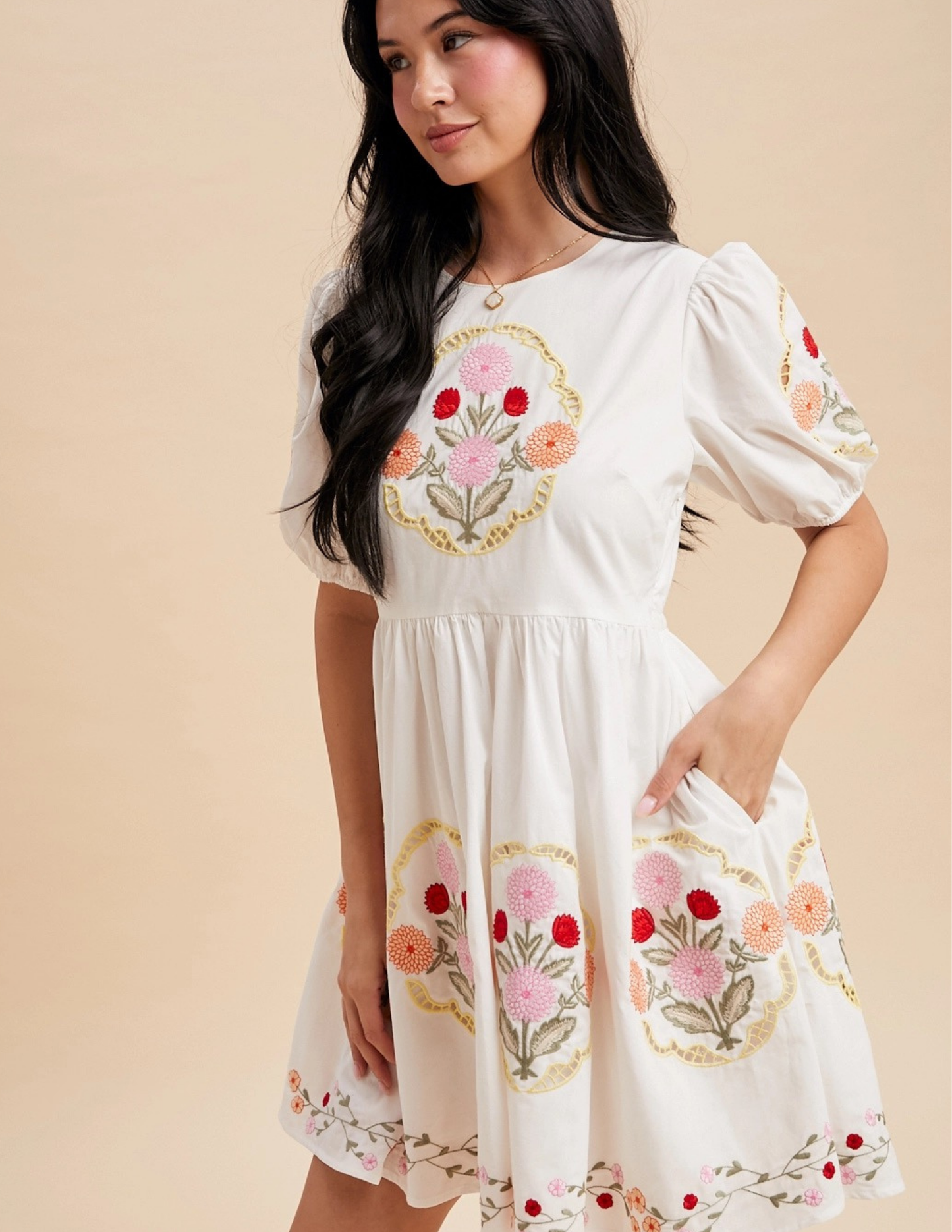 Puff Sleeve Embroidered Mini Dress