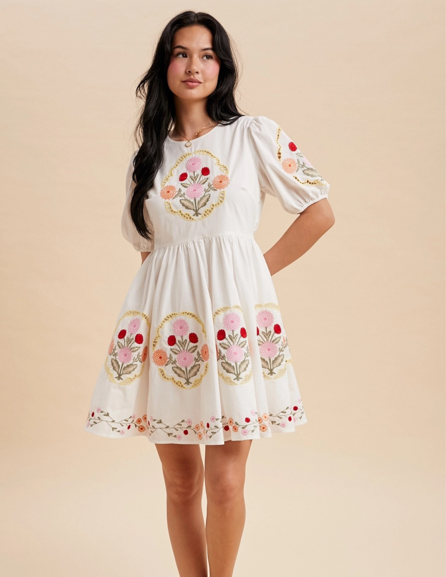 Puff Sleeve Embroidered Mini Dress