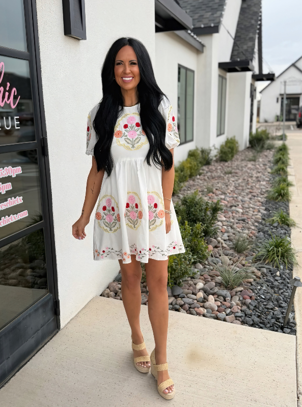 Puff Sleeve Embroidered Mini Dress