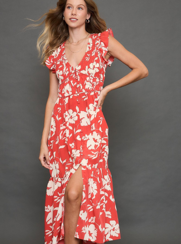 Red Floral Print Midi Dress